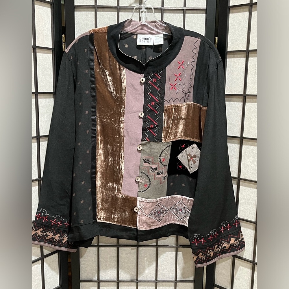 Chico’s Design Eclectic Silk / Velvet Patchwork Button Front Jacket - Size L View 2